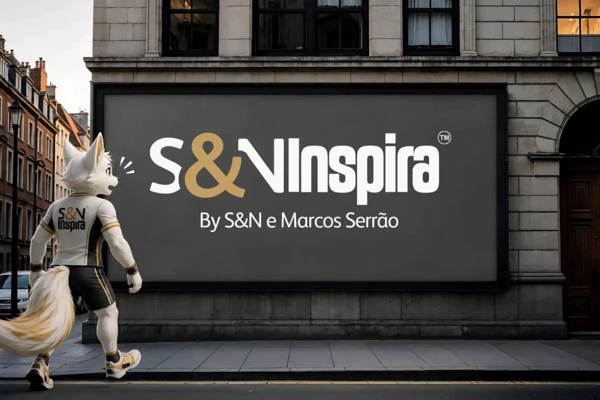 Mascote Inspira olhando um painel com a marca S&N Inspira na rua
