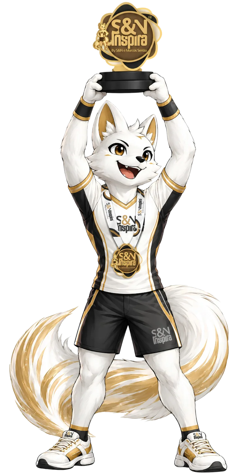 Mascote Inspira, uma raposa branca com o uniforme S&N Inspira, erguendo o troféu da corrida